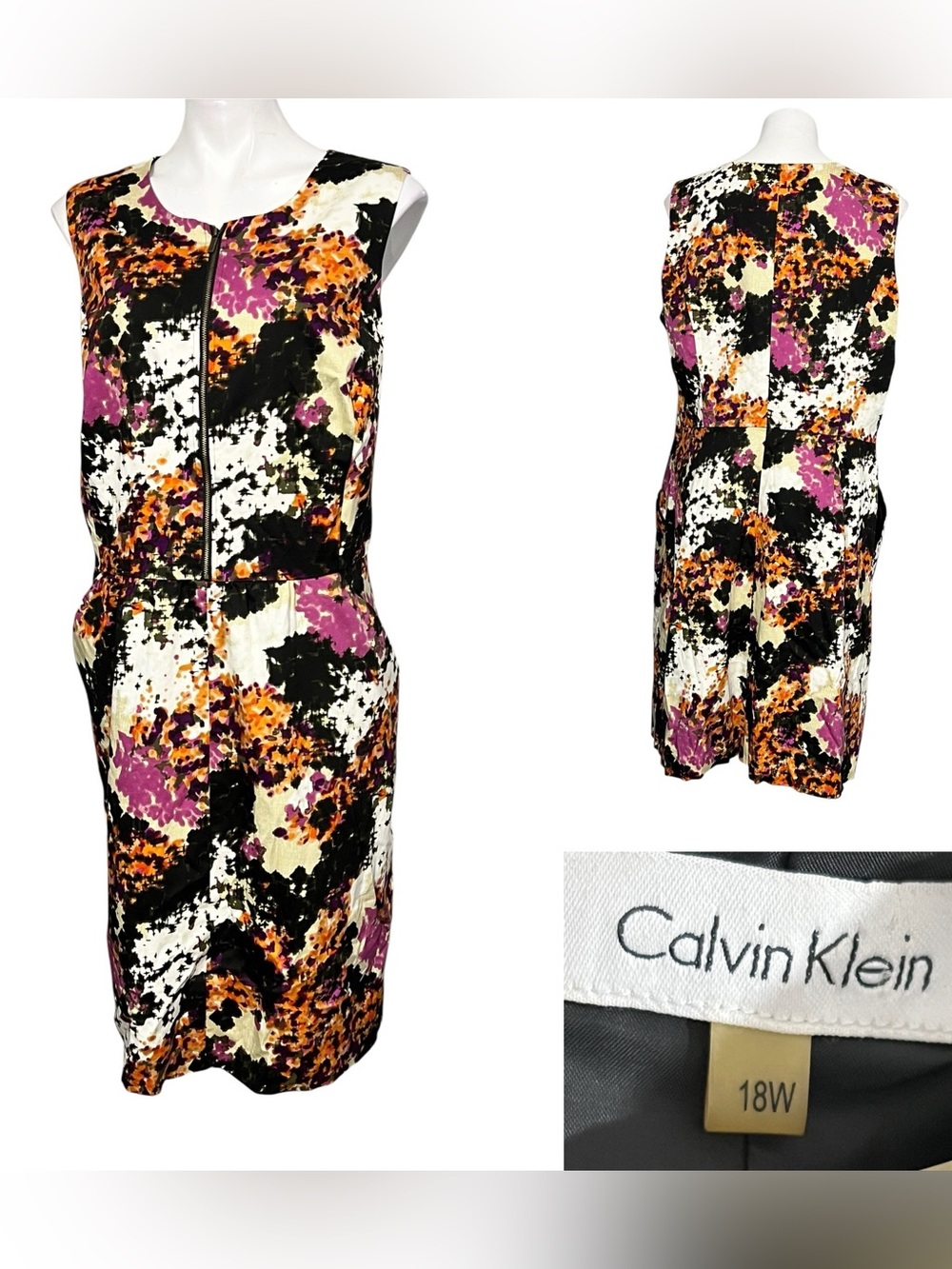 Calvin Klein dress plus size‎ 18w black multicolor Floral Sheath cotton blend